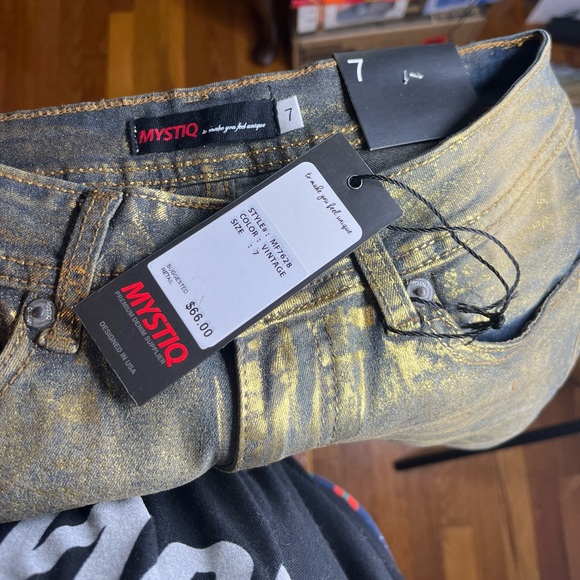 Mystiq Gold Wash Metallic Vintage Skinny Jeans Size 7 - Picture 2 of 5